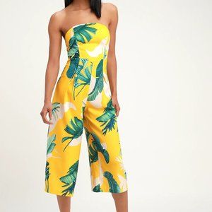 LULUS Rainforest Blooms Yellow Print Strapless Midi Jumpsuit